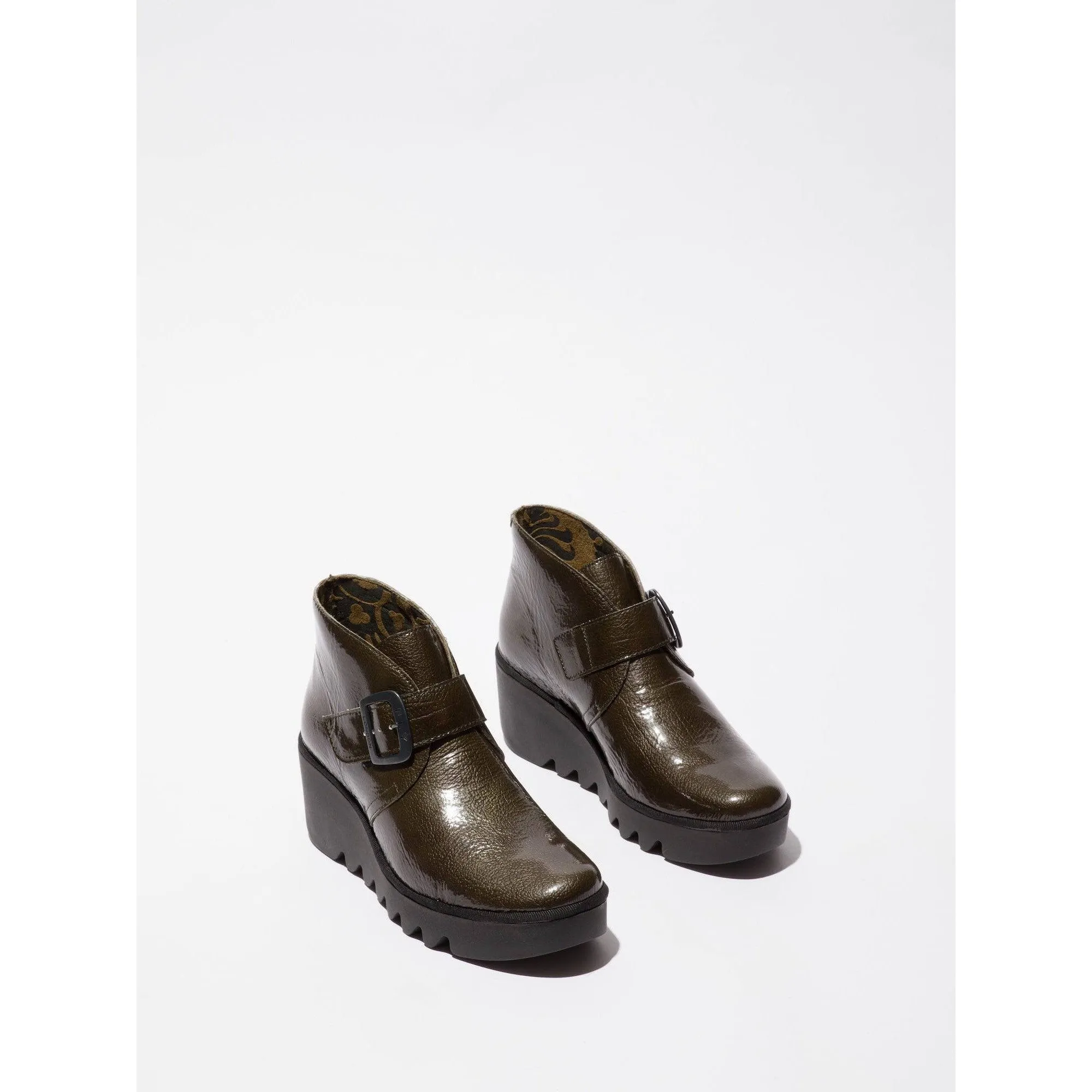 Fly BIRT397 Rock Ladies Green Patent Leather Buckle Ankle Boots