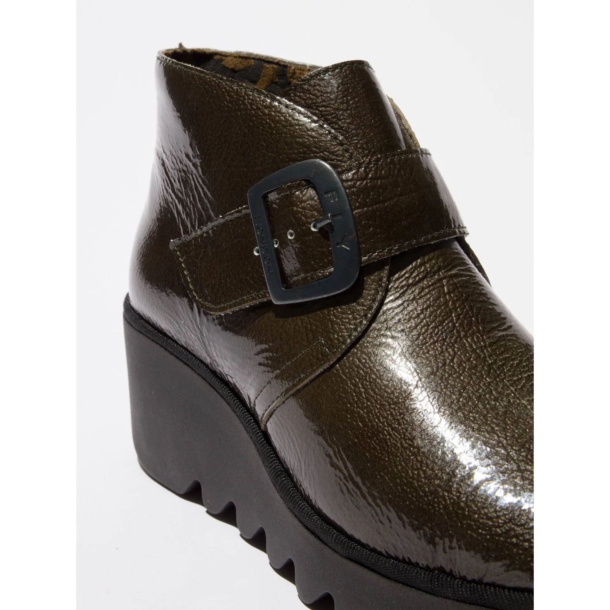Fly BIRT397 Rock Ladies Green Patent Leather Buckle Ankle Boots