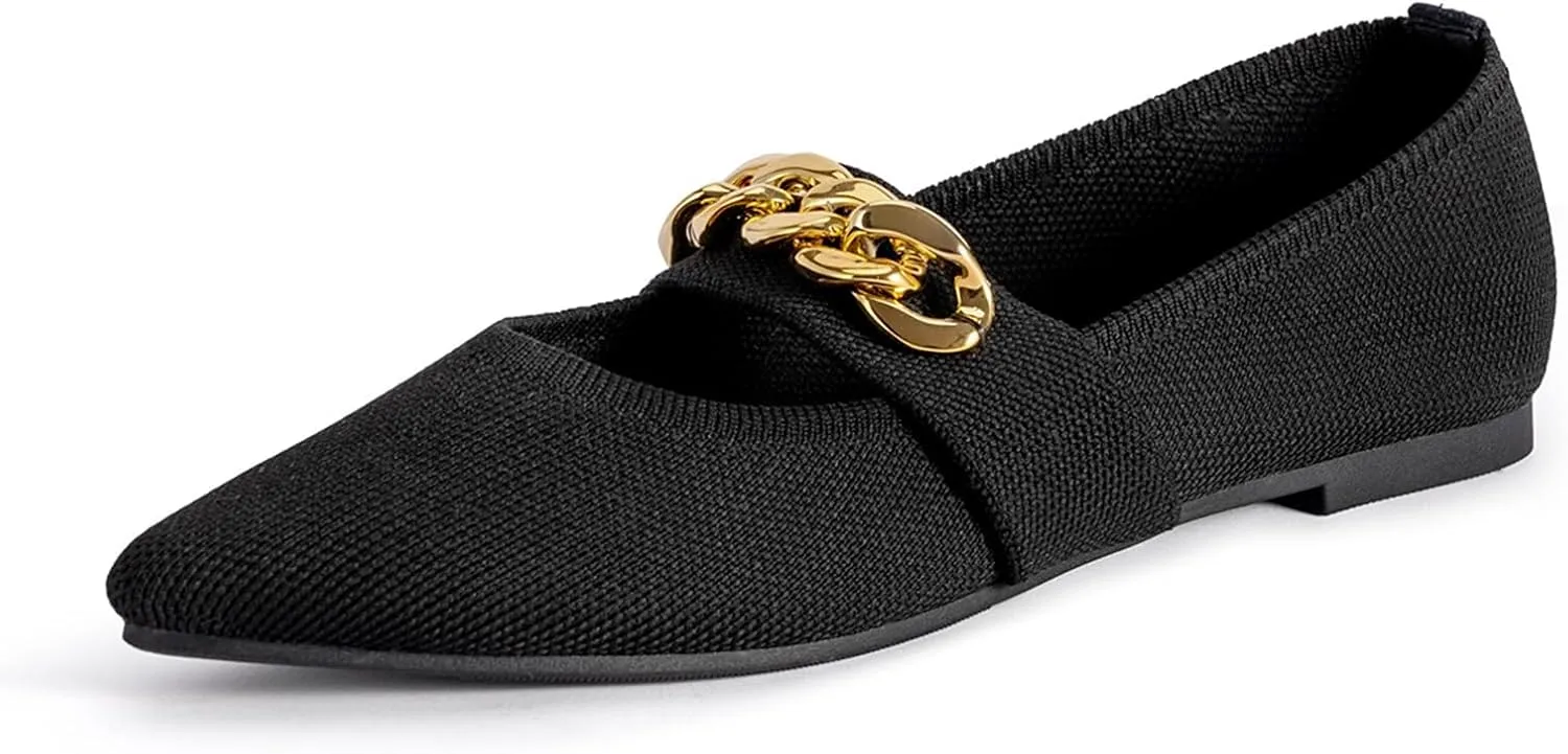 GATUXUS Women's Pointed Toe Knitted Flats Shoes Metal Chain Strap Slip On Comfortable Dress Ballet Flat Breathable