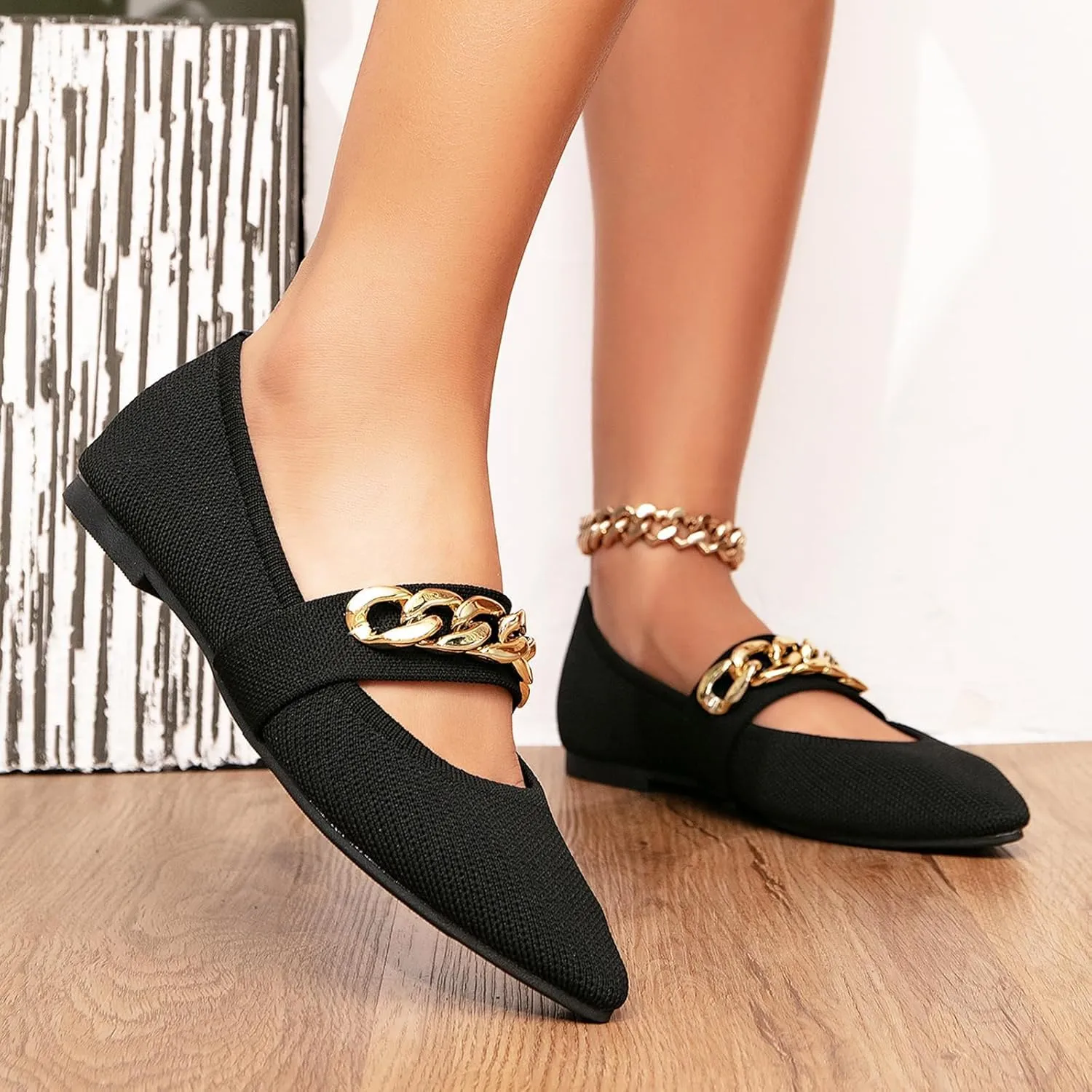 GATUXUS Women's Pointed Toe Knitted Flats Shoes Metal Chain Strap Slip On Comfortable Dress Ballet Flat Breathable