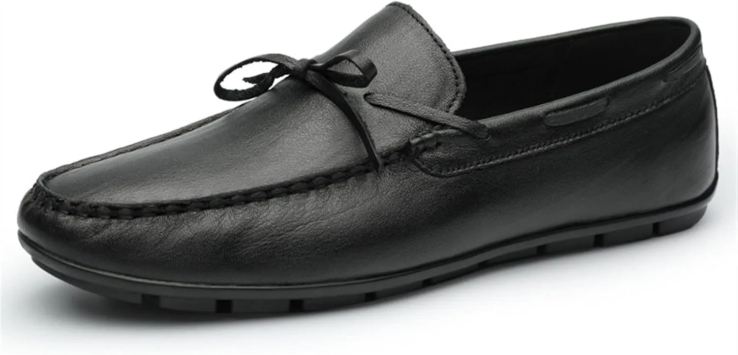 HOOENG Driving Moccasins for Men Pin Grain Genuine Leather Deck Shoes Design Round Toe Bow 1-Eye Resistant Soft Comfortable Driving Slip on