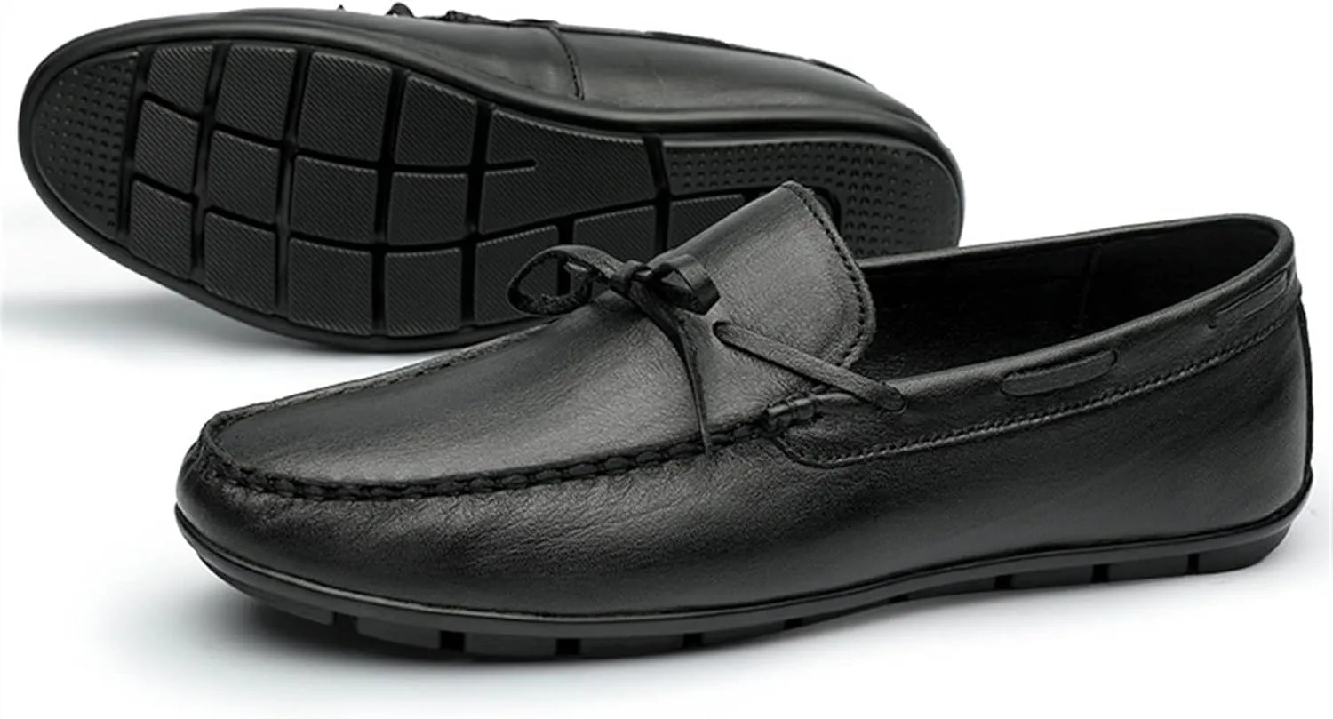 HOOENG Driving Moccasins for Men Pin Grain Genuine Leather Deck Shoes Design Round Toe Bow 1-Eye Resistant Soft Comfortable Driving Slip on