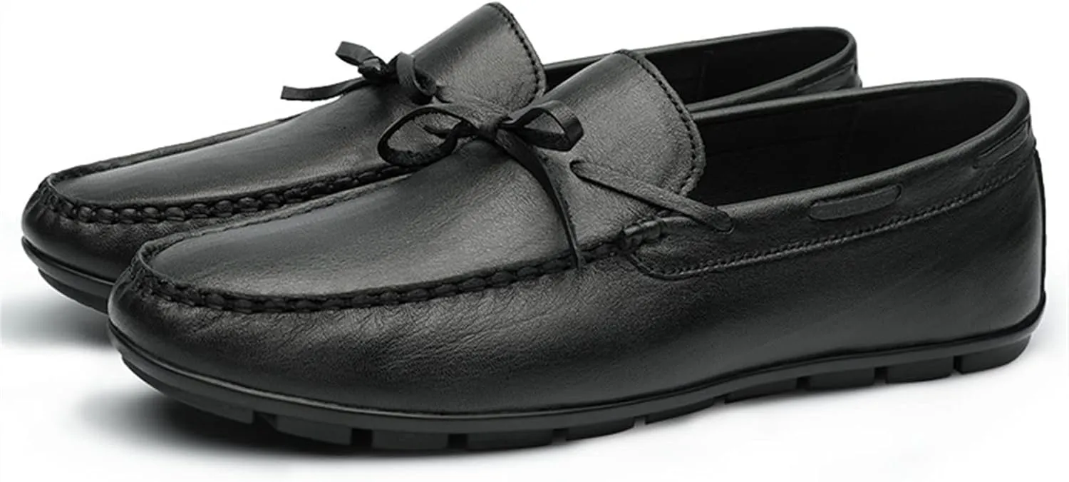HOOENG Driving Moccasins for Men Pin Grain Genuine Leather Deck Shoes Design Round Toe Bow 1-Eye Resistant Soft Comfortable Driving Slip on