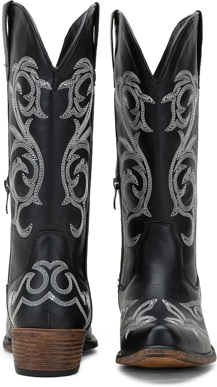 Jeossy 9808 Cowboy Boots for Women Wide Calf, Mid Calf Cowgirl Boots with Low Heel, Western Shoes with Side Zipper