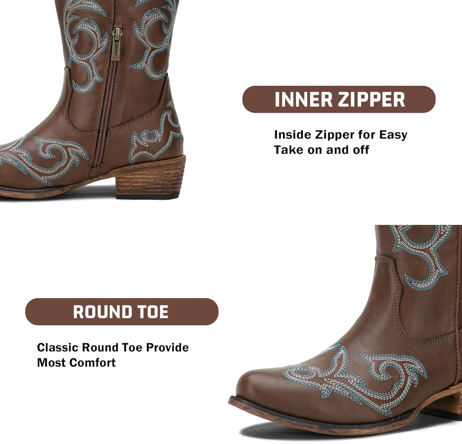 Jeossy 9808 Cowboy Boots for Women Wide Calf, Mid Calf Cowgirl Boots with Low Heel, Western Shoes with Side Zipper