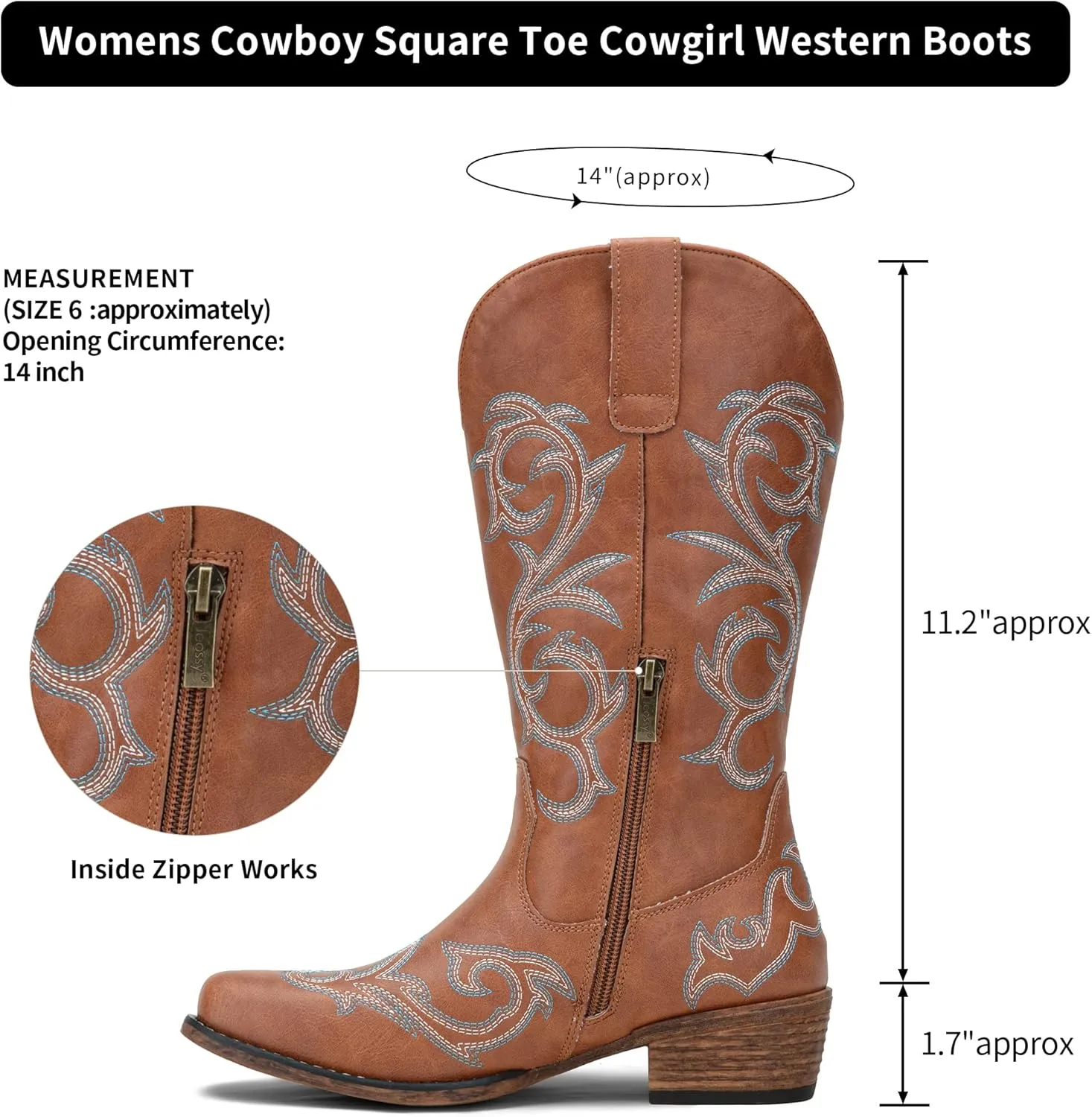 Jeossy 9808 Cowboy Boots for Women Wide Calf, Mid Calf Cowgirl Boots with Low Heel, Western Shoes with Side Zipper
