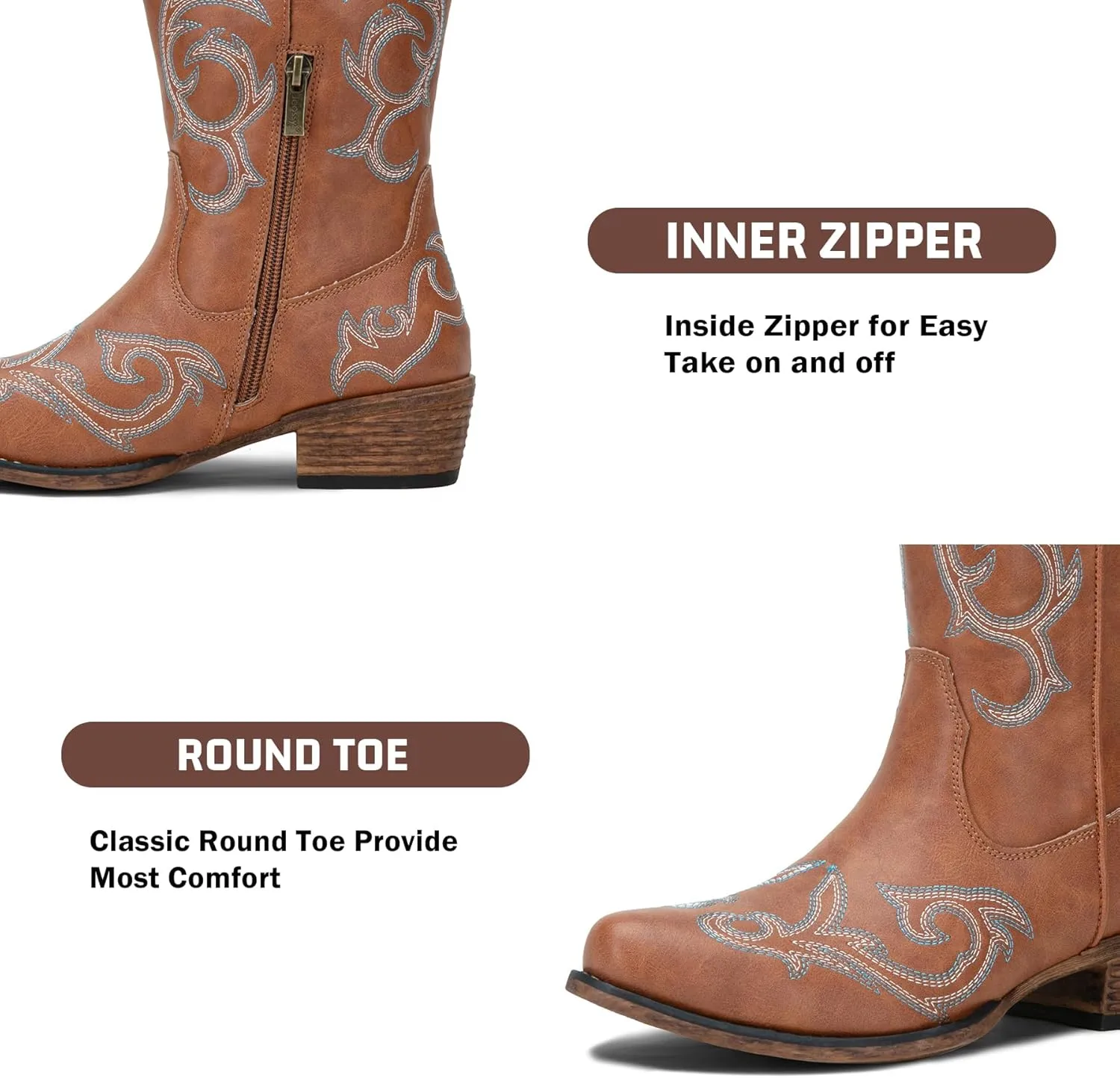 Jeossy 9808 Cowboy Boots for Women Wide Calf, Mid Calf Cowgirl Boots with Low Heel, Western Shoes with Side Zipper