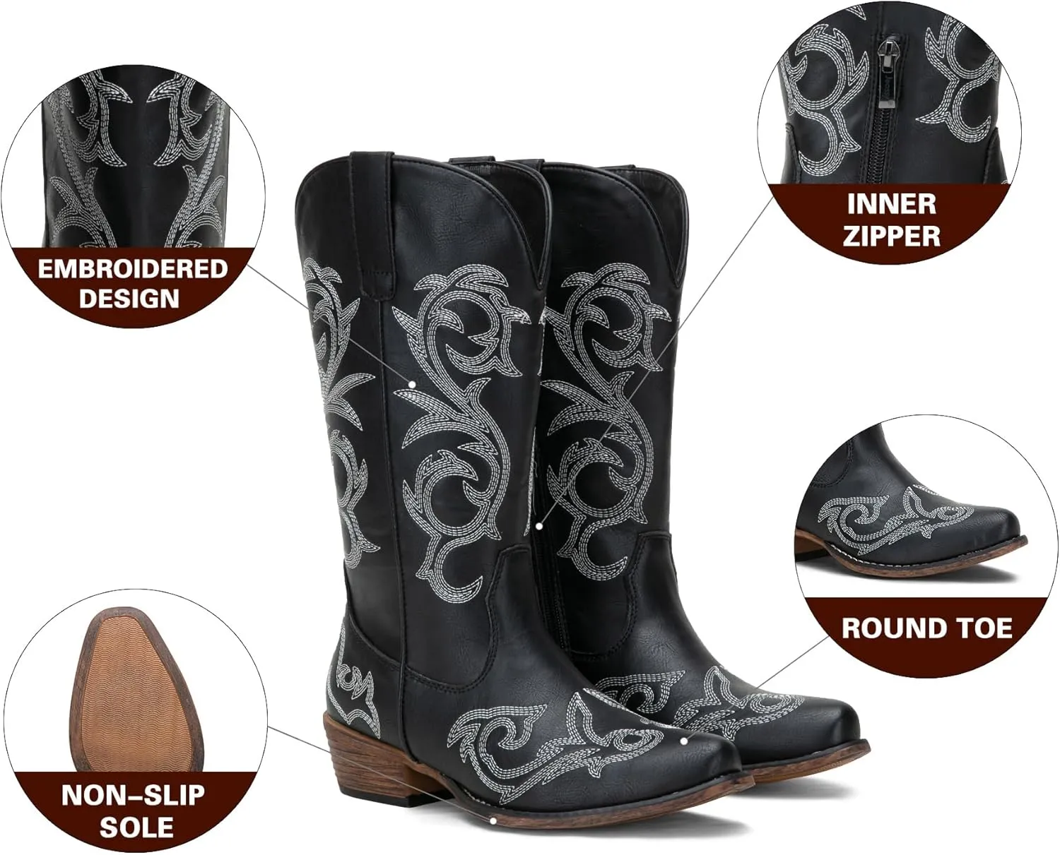 Jeossy 9808 Cowboy Boots for Women Wide Calf, Mid Calf Cowgirl Boots with Low Heel, Western Shoes with Side Zipper