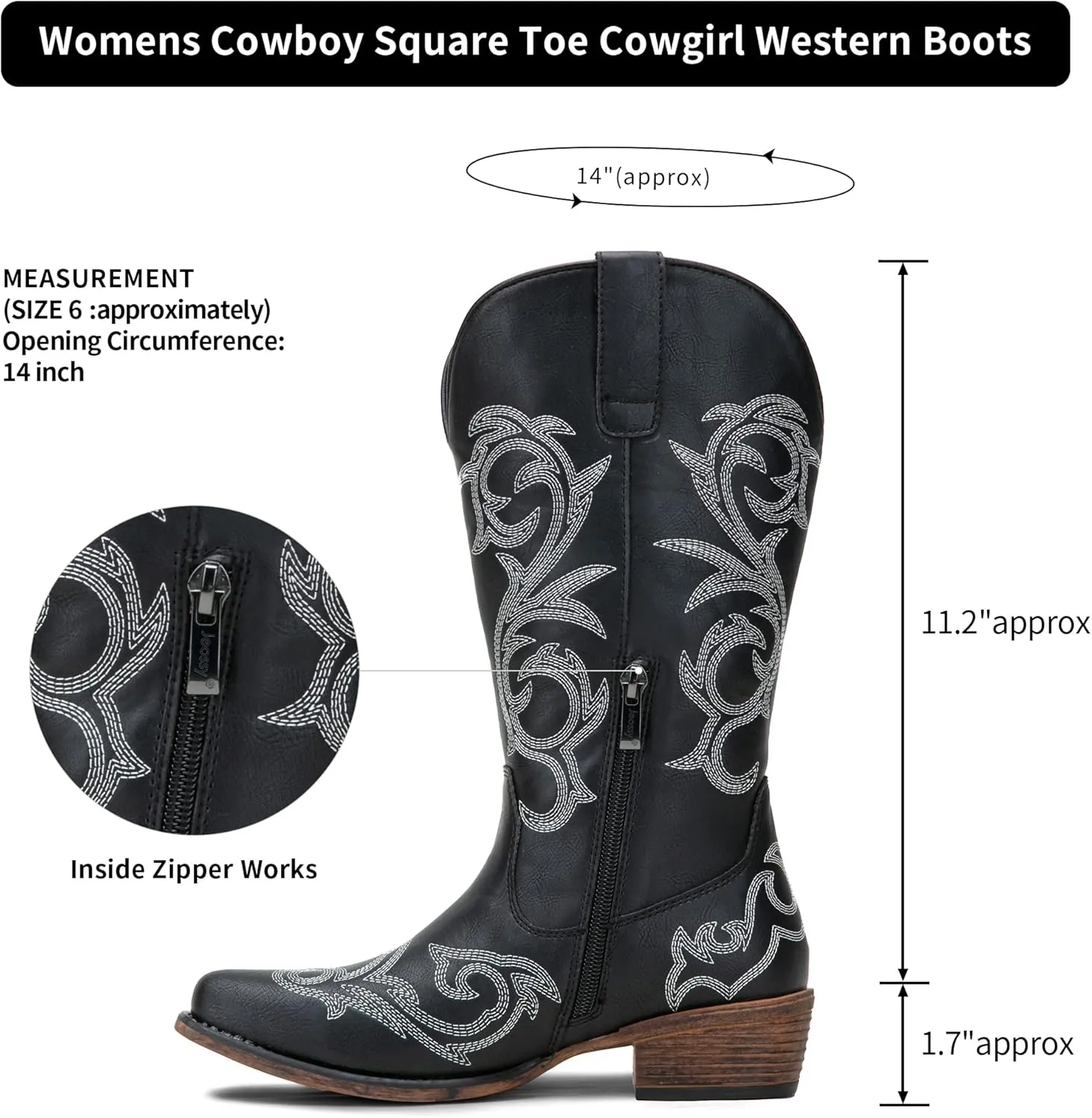 Jeossy 9808 Cowboy Boots for Women Wide Calf, Mid Calf Cowgirl Boots with Low Heel, Western Shoes with Side Zipper