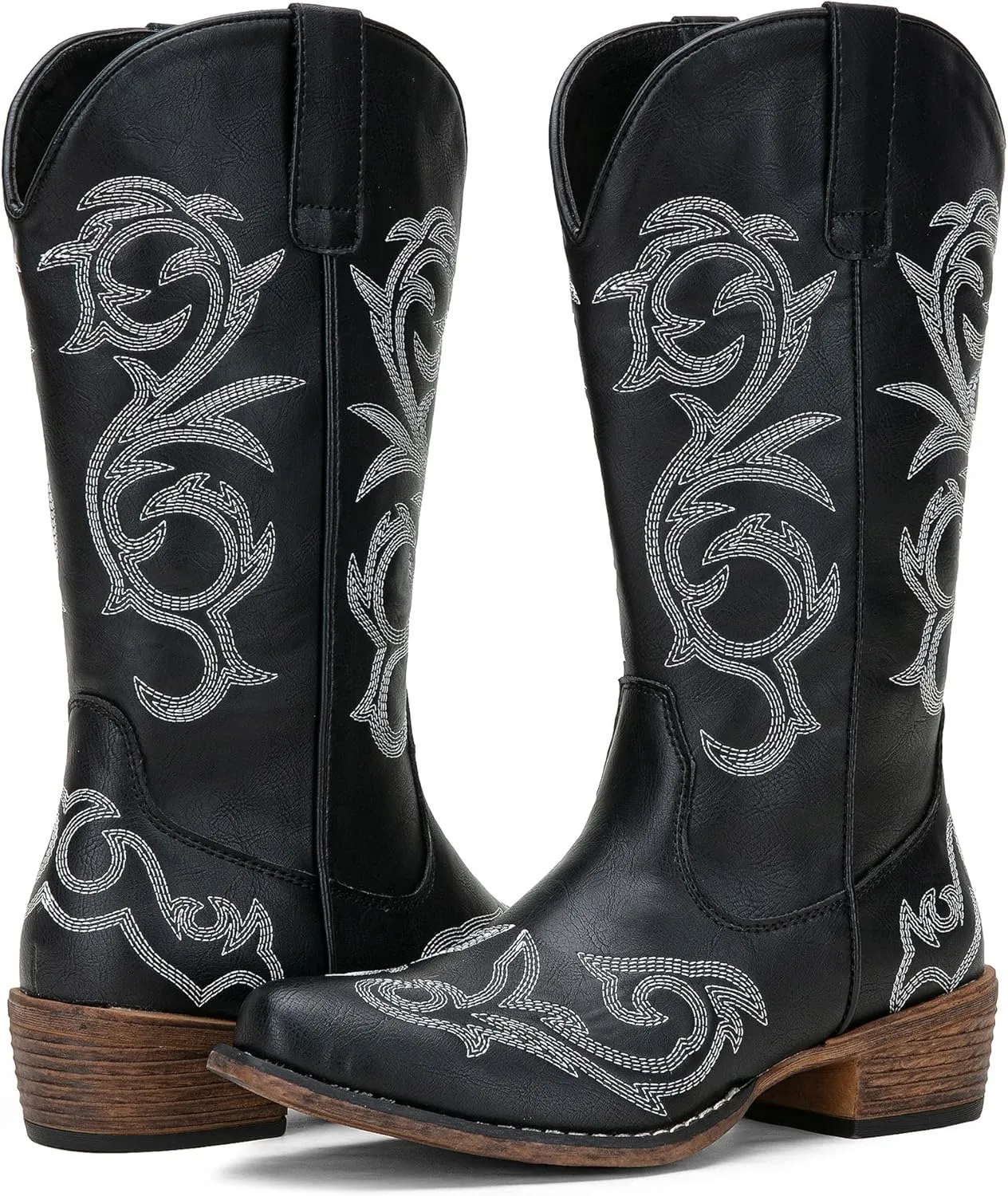 Jeossy 9808 Cowboy Boots for Women Wide Calf, Mid Calf Cowgirl Boots with Low Heel, Western Shoes with Side Zipper