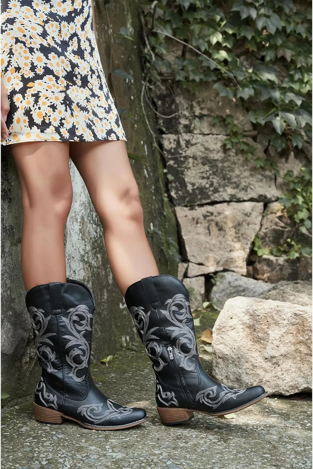 Jeossy 9808 Cowboy Boots for Women Wide Calf, Mid Calf Cowgirl Boots with Low Heel, Western Shoes with Side Zipper