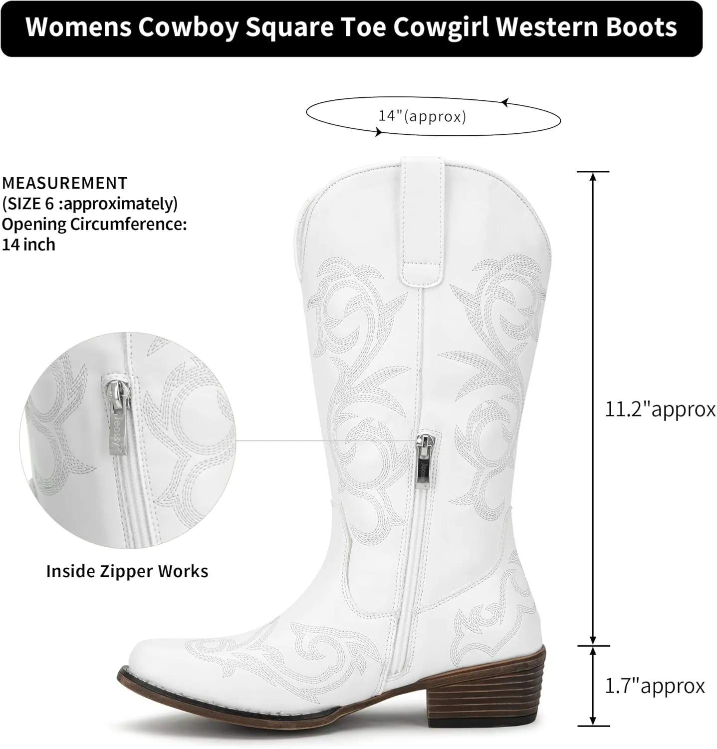 Jeossy 9808 Cowboy Boots for Women Wide Calf, Mid Calf Cowgirl Boots with Low Heel, Western Shoes with Side Zipper