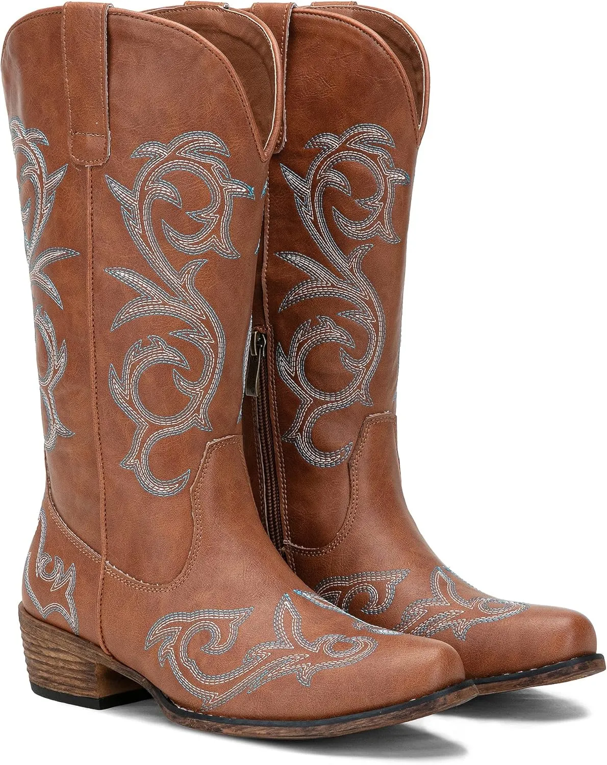 Jeossy 9808 Cowboy Boots for Women Wide Calf, Mid Calf Cowgirl Boots with Low Heel, Western Shoes with Side Zipper