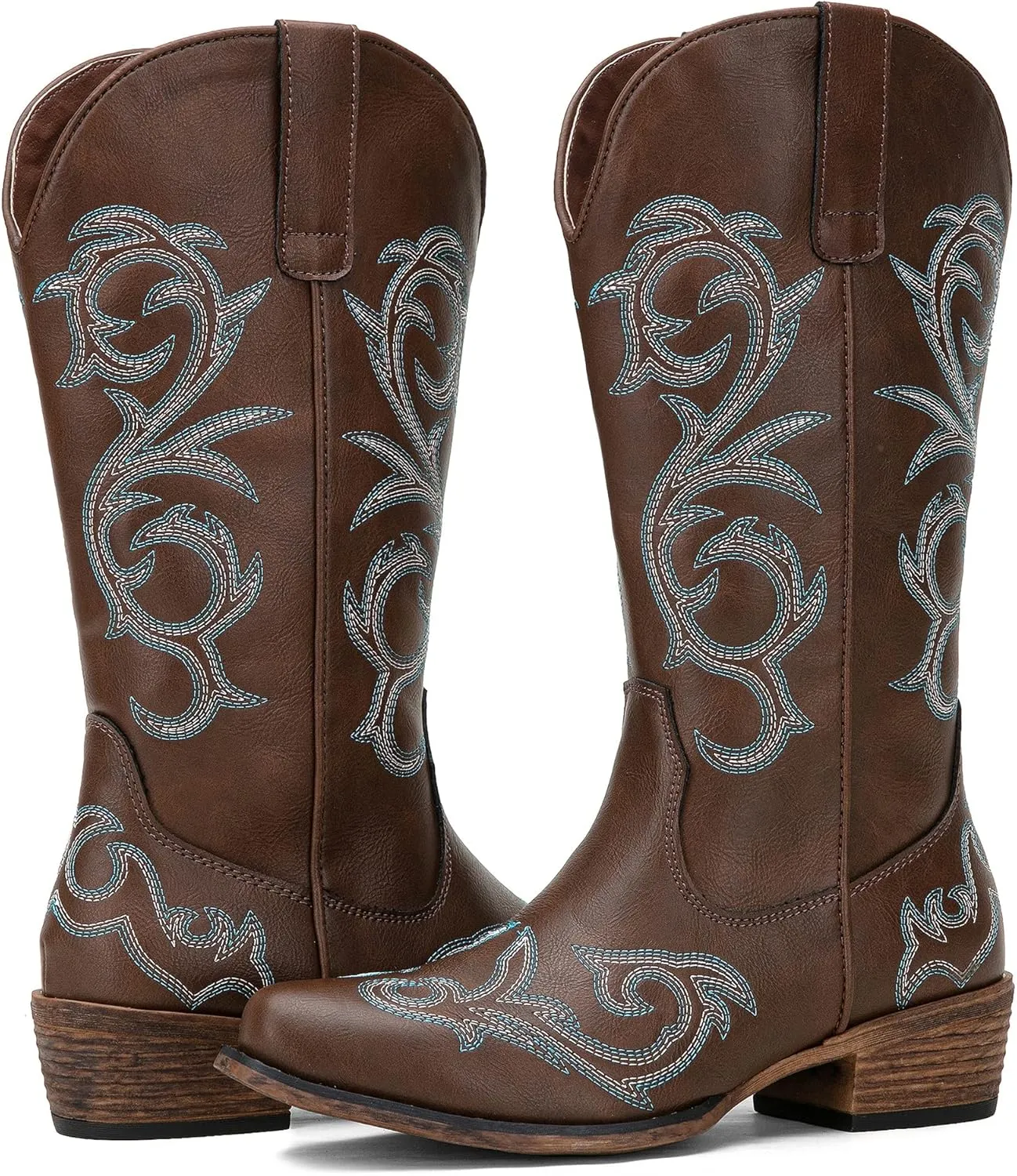 Jeossy 9808 Cowboy Boots for Women Wide Calf, Mid Calf Cowgirl Boots with Low Heel, Western Shoes with Side Zipper