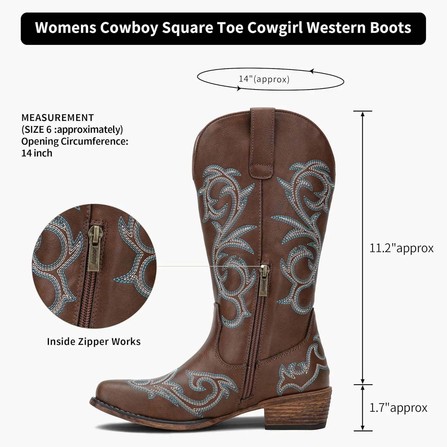 Jeossy 9808 Cowboy Boots for Women Wide Calf, Mid Calf Cowgirl Boots with Low Heel, Western Shoes with Side Zipper