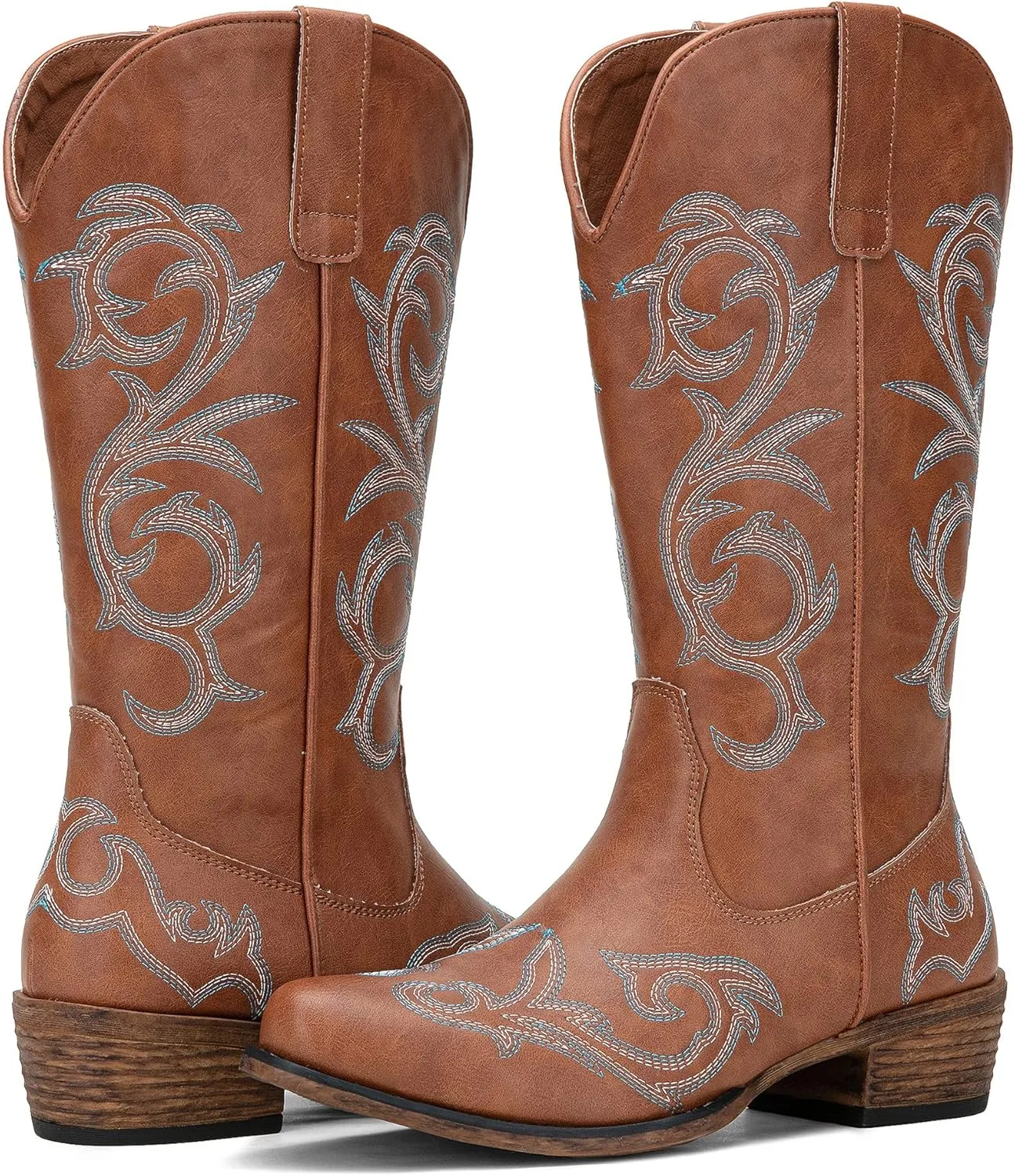 Jeossy 9808 Cowboy Boots for Women Wide Calf, Mid Calf Cowgirl Boots with Low Heel, Western Shoes with Side Zipper