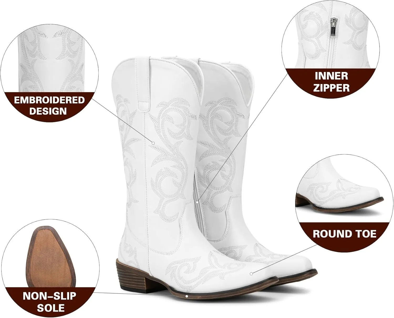 Jeossy 9808 Cowboy Boots for Women Wide Calf, Mid Calf Cowgirl Boots with Low Heel, Western Shoes with Side Zipper