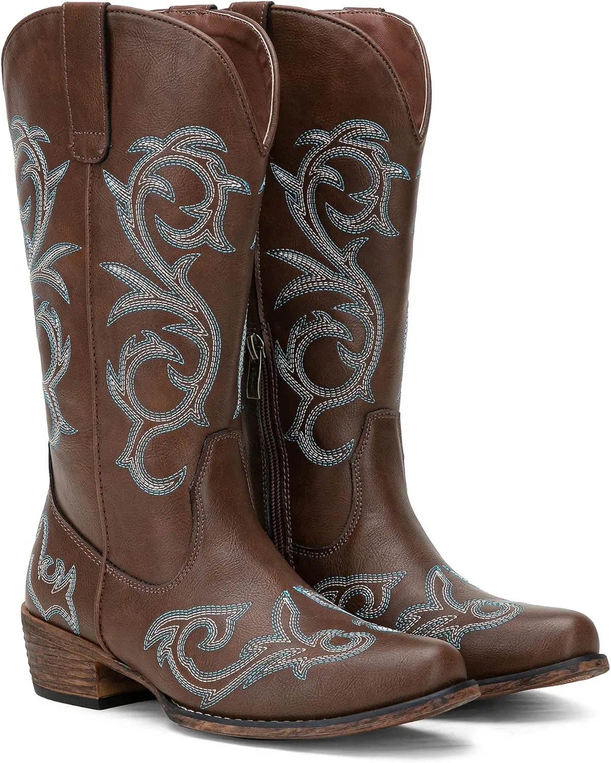 Jeossy 9808 Cowboy Boots for Women Wide Calf, Mid Calf Cowgirl Boots with Low Heel, Western Shoes with Side Zipper