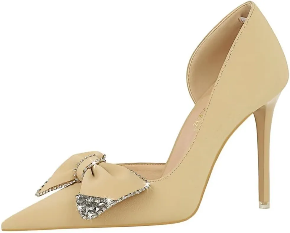 JOEupin Women's Pointed Toe High Heels Sparkly Rhinestone Bow Stiletto Pumps Elegant D'Orsay Wedding Bridal Party Dress Shoes