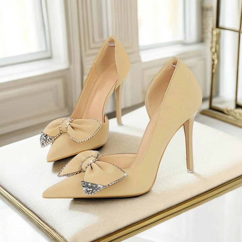 JOEupin Women's Pointed Toe High Heels Sparkly Rhinestone Bow Stiletto Pumps Elegant D'Orsay Wedding Bridal Party Dress Shoes