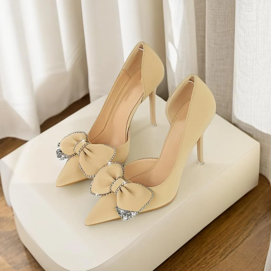 JOEupin Women's Pointed Toe High Heels Sparkly Rhinestone Bow Stiletto Pumps Elegant D'Orsay Wedding Bridal Party Dress Shoes