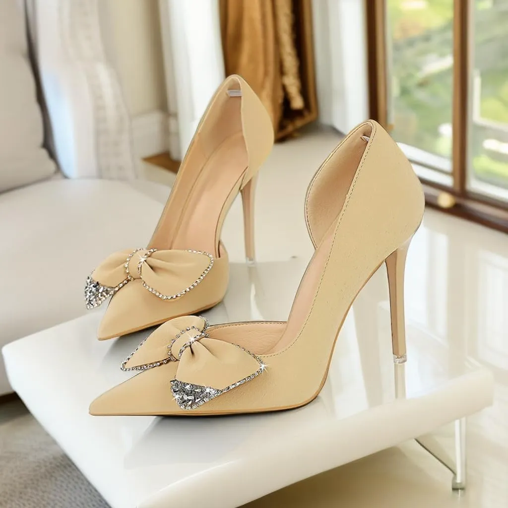 JOEupin Women's Pointed Toe High Heels Sparkly Rhinestone Bow Stiletto Pumps Elegant D'Orsay Wedding Bridal Party Dress Shoes