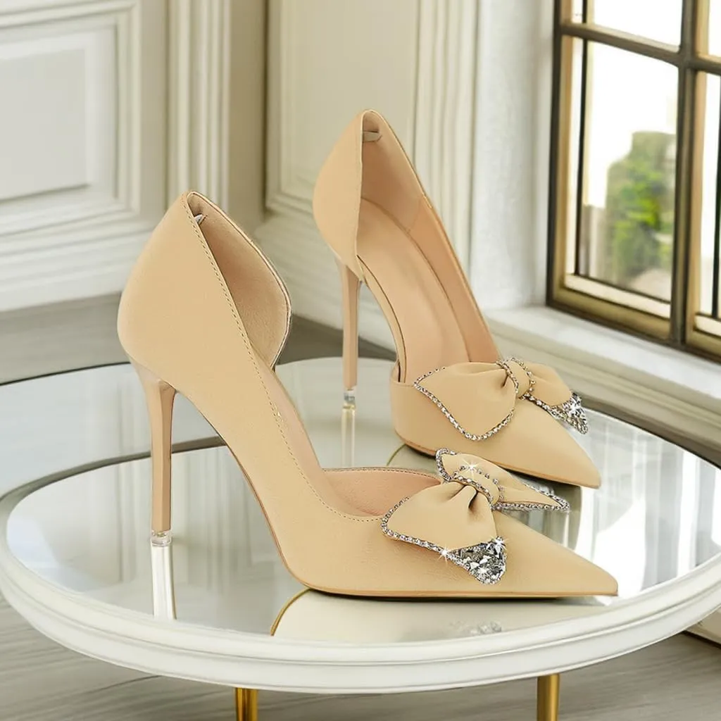 JOEupin Women's Pointed Toe High Heels Sparkly Rhinestone Bow Stiletto Pumps Elegant D'Orsay Wedding Bridal Party Dress Shoes