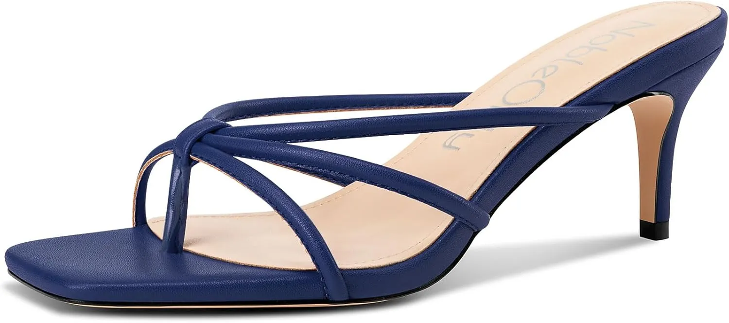 NobleOnly Womens Strappy Kitten Heels Square Open Toe Thong Heels Flip Flop Heels Dress Prom Slip-on Mule Heels 2.6 Inches Heels
