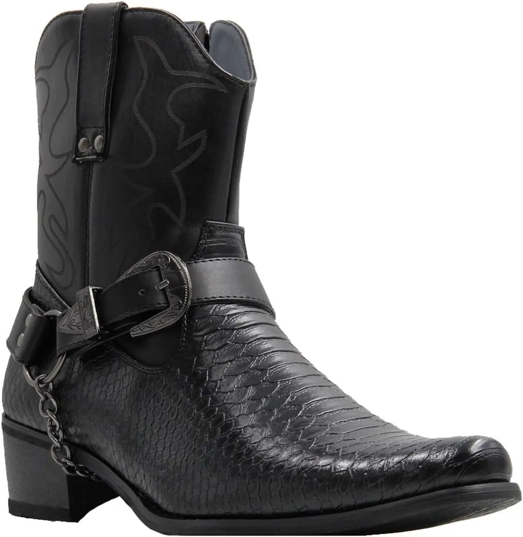 Stylish & Comfort Shoes Men's Belt Buckle Metal Chain Snake Pattern With Side Zipper Cowboy Boots