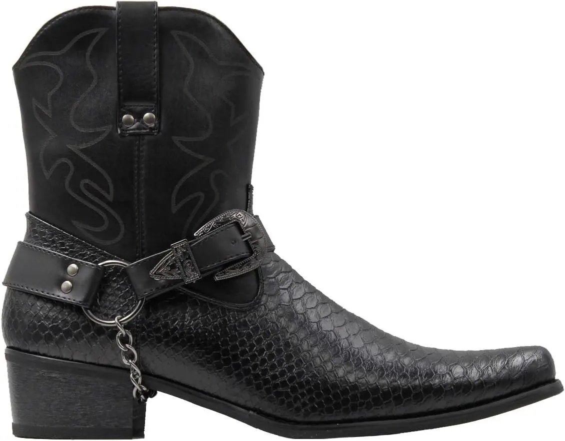 Stylish & Comfort Shoes Men's Belt Buckle Metal Chain Snake Pattern With Side Zipper Cowboy Boots