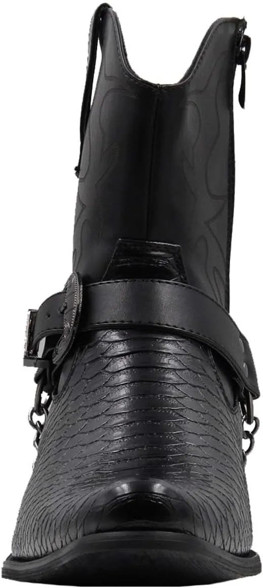 Stylish & Comfort Shoes Men's Belt Buckle Metal Chain Snake Pattern With Side Zipper Cowboy Boots