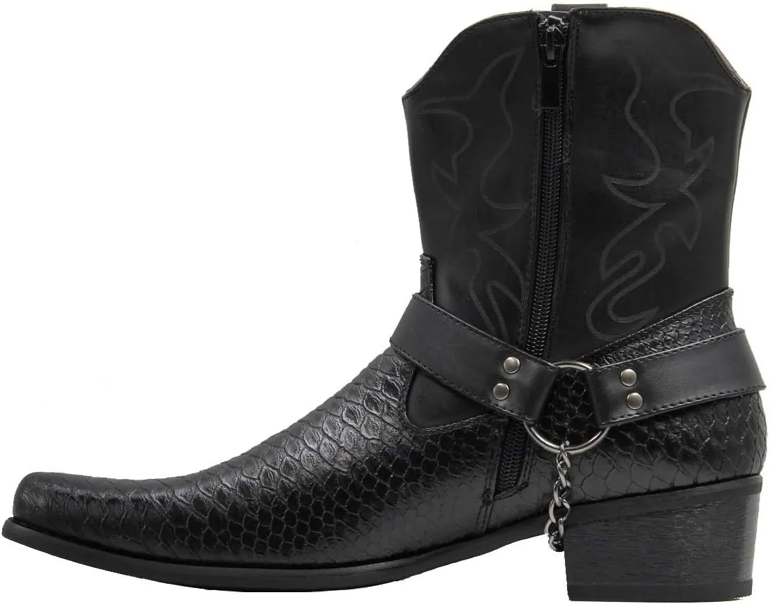 Stylish & Comfort Shoes Men's Belt Buckle Metal Chain Snake Pattern With Side Zipper Cowboy Boots