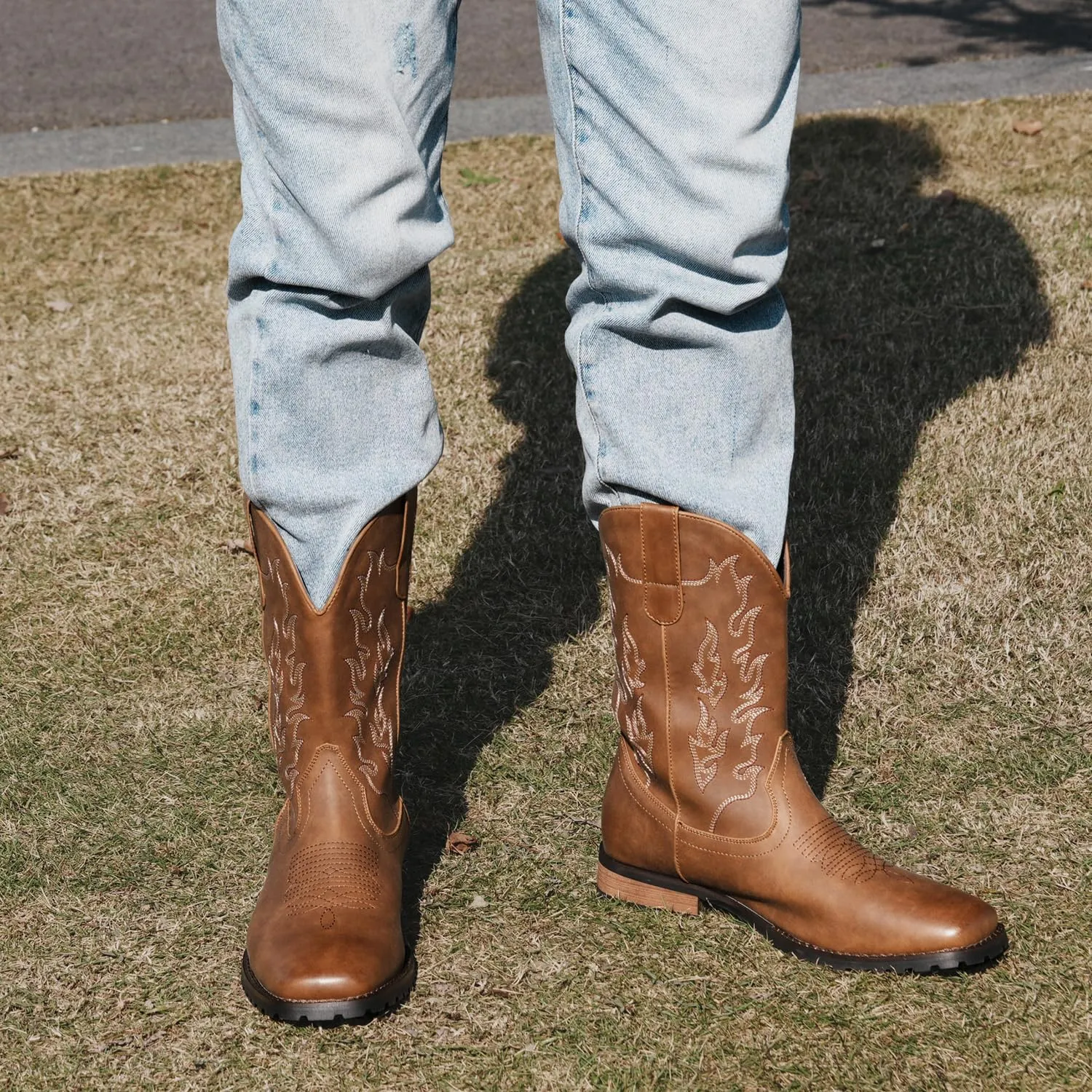 Western Cowboy Boots for Men Embroidered Square Toe Comfortable Chunky Heel Fashionable Retro Stylish Boots