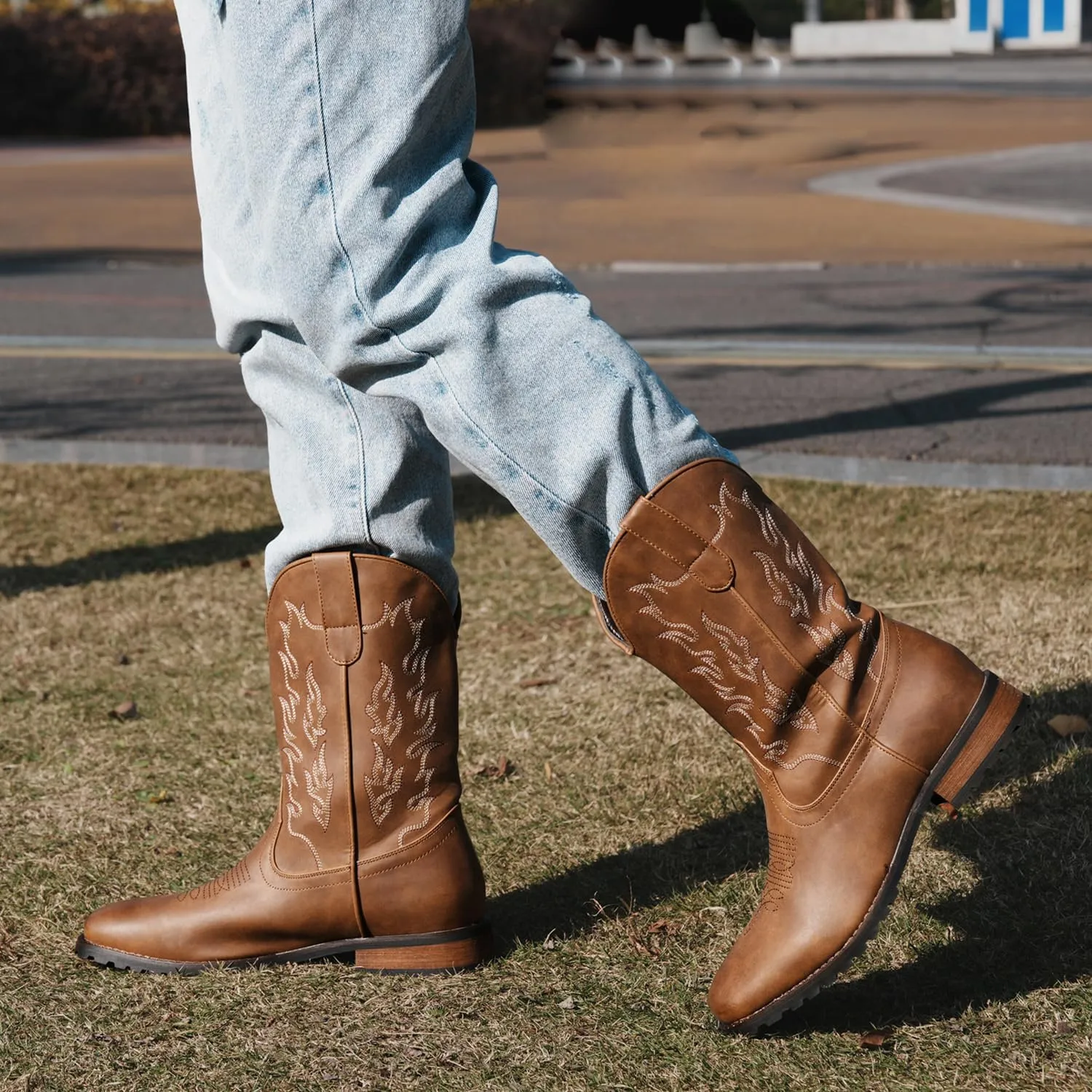 Western Cowboy Boots for Men Embroidered Square Toe Comfortable Chunky Heel Fashionable Retro Stylish Boots