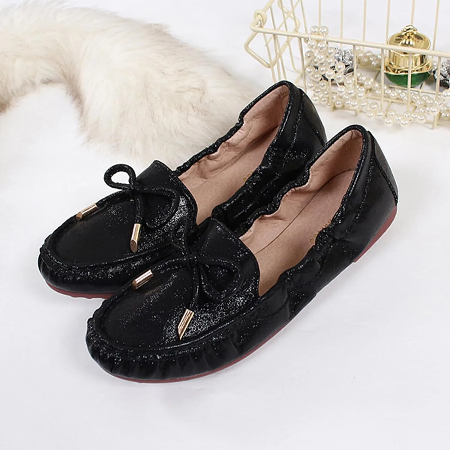 Women's Faux Leather Bowknot Round Toe Ballet Flats Shoes Comfort Light Dress Slip-On Flat Shoes Foldable Portable Travel Breathable Mother Nurse Work Shoes