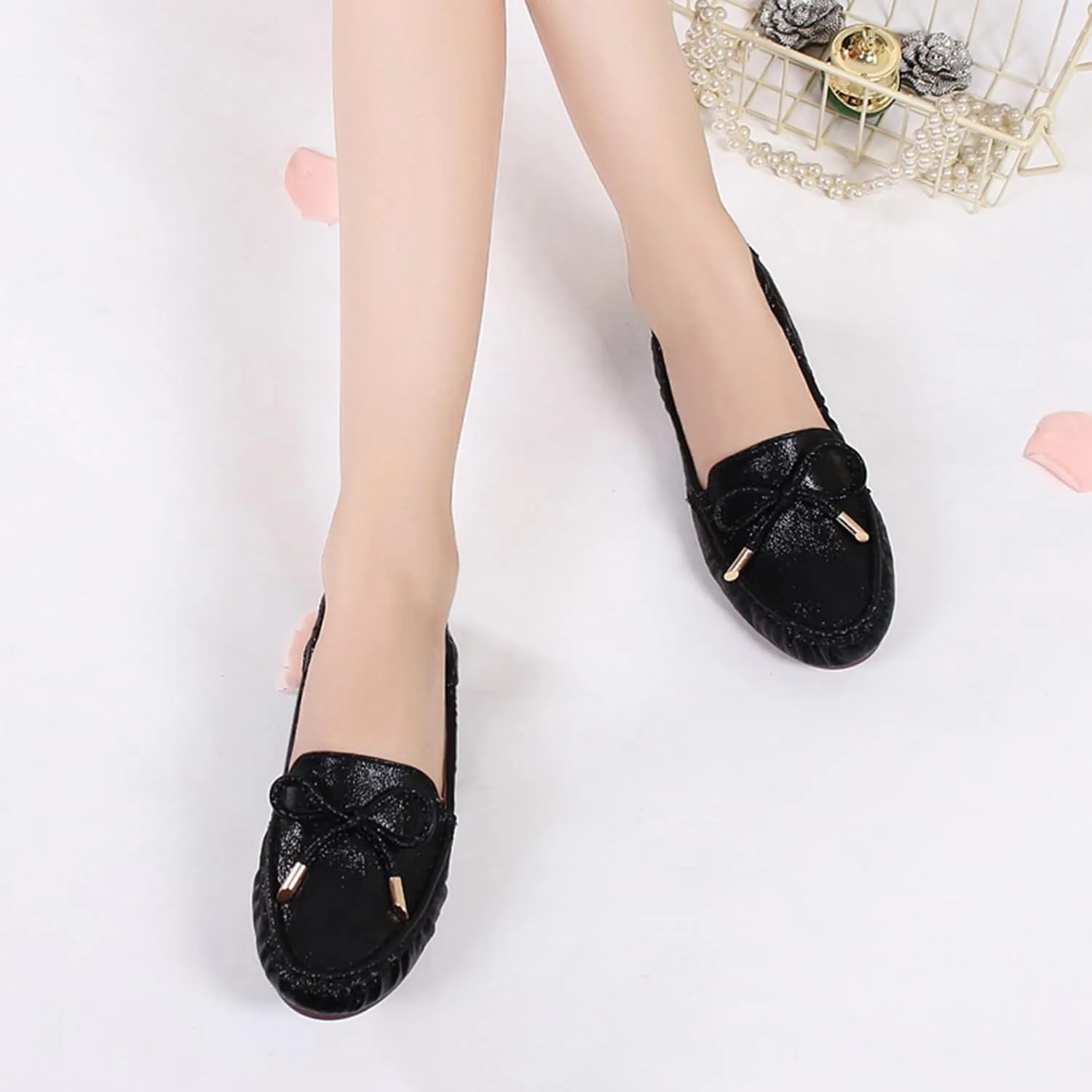Women's Faux Leather Bowknot Round Toe Ballet Flats Shoes Comfort Light Dress Slip-On Flat Shoes Foldable Portable Travel Breathable Mother Nurse Work Shoes