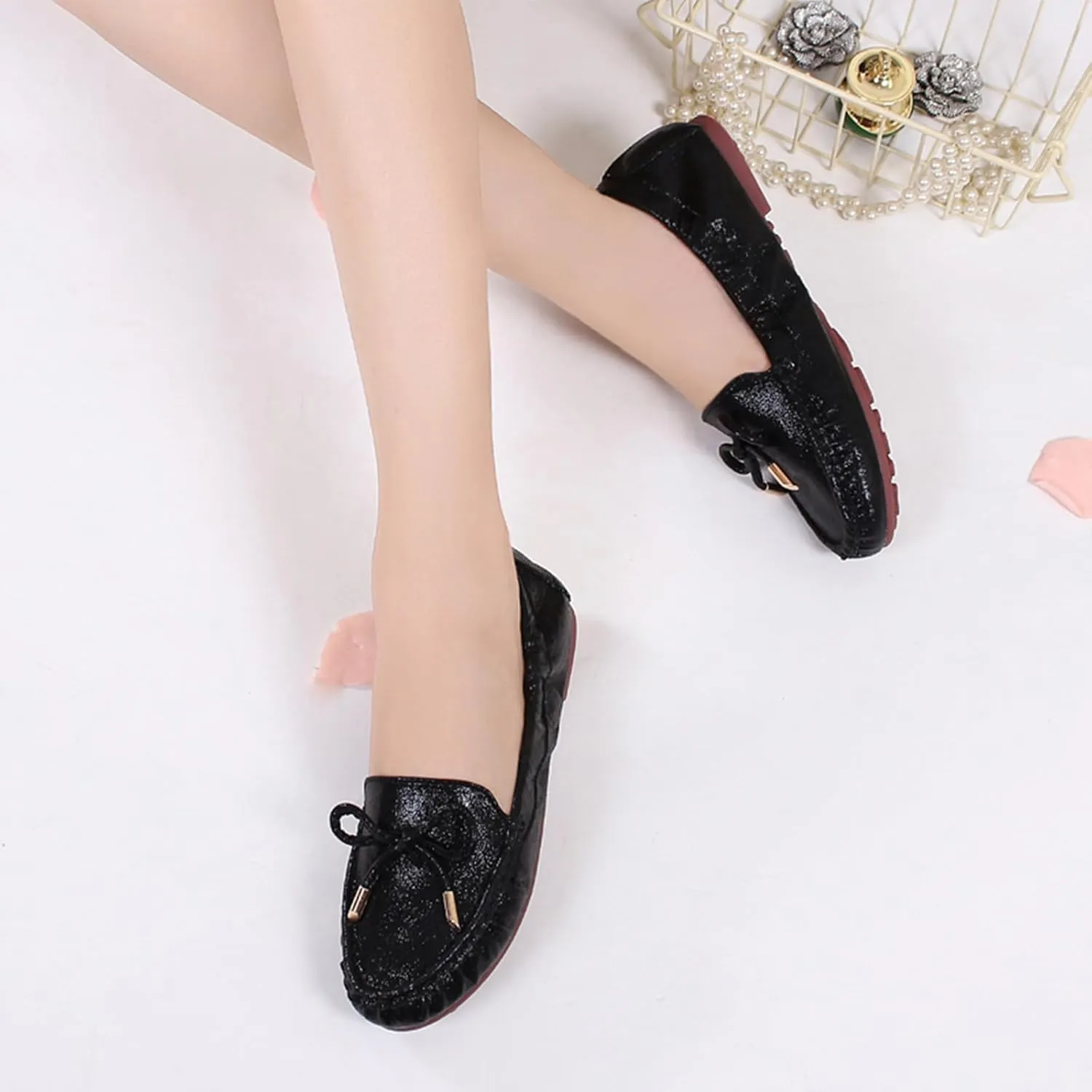 Women's Faux Leather Bowknot Round Toe Ballet Flats Shoes Comfort Light Dress Slip-On Flat Shoes Foldable Portable Travel Breathable Mother Nurse Work Shoes