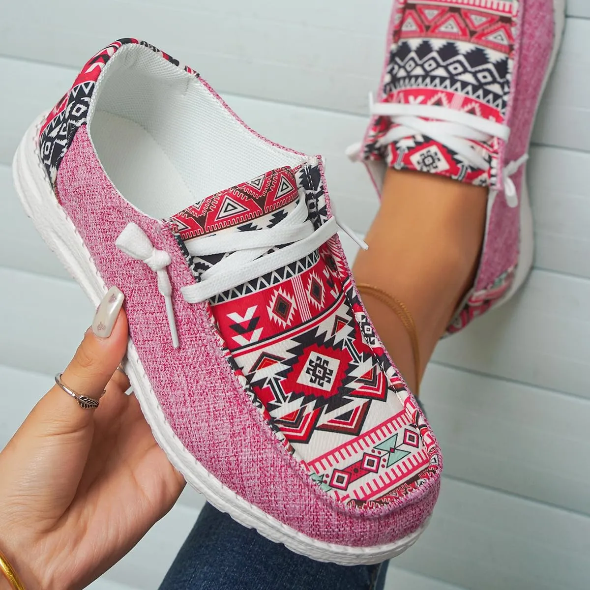 Women's Light Weight Lace Up Aztec Canvas Casual Loafers Ultralight Sole Breathable Wide Boat Shoes Sport Knit Slip On Low Top Outdoor Walking Casual Comfortable Round Toe Loafers, Blue/Brown/Rose