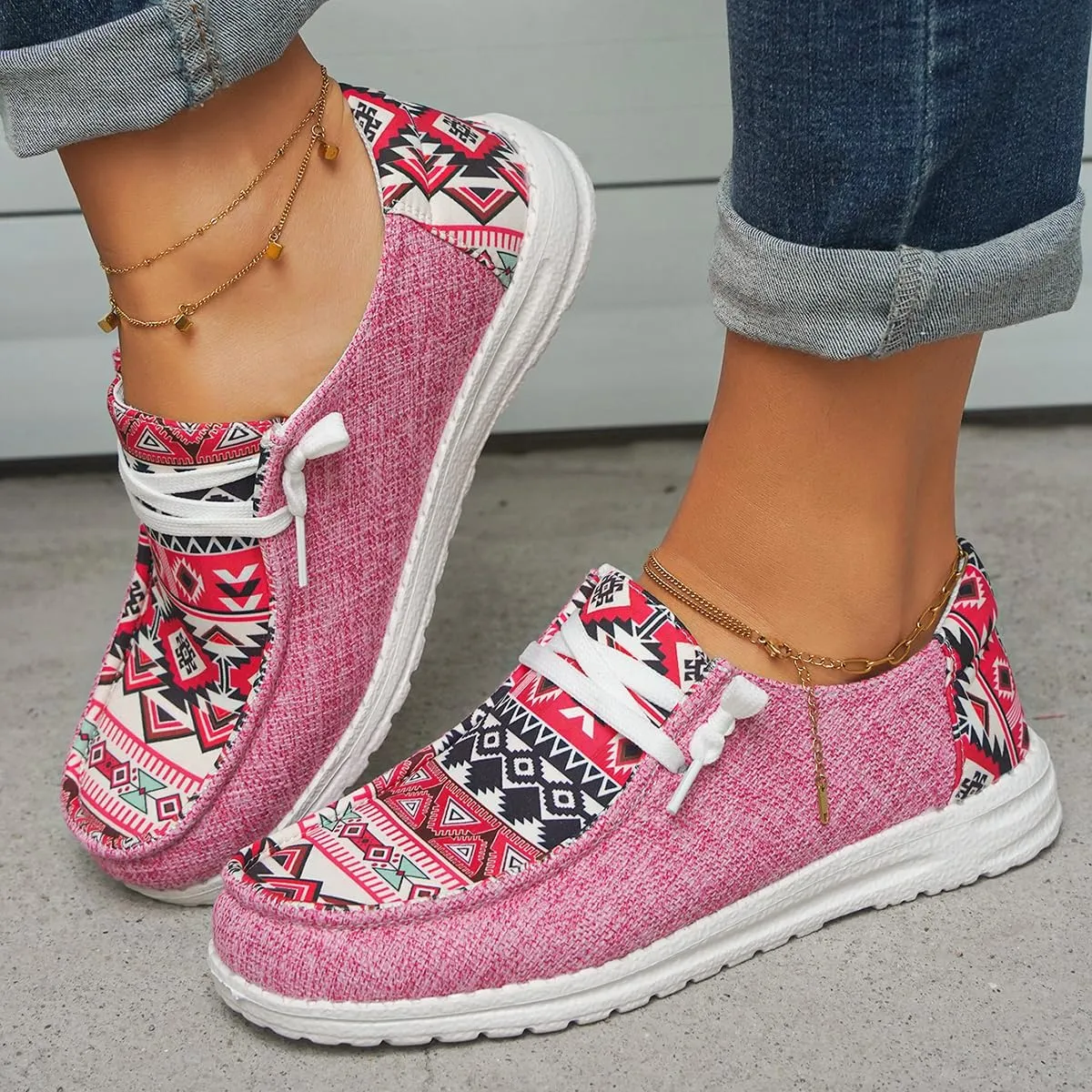 Women's Light Weight Lace Up Aztec Canvas Casual Loafers Ultralight Sole Breathable Wide Boat Shoes Sport Knit Slip On Low Top Outdoor Walking Casual Comfortable Round Toe Loafers, Blue/Brown/Rose