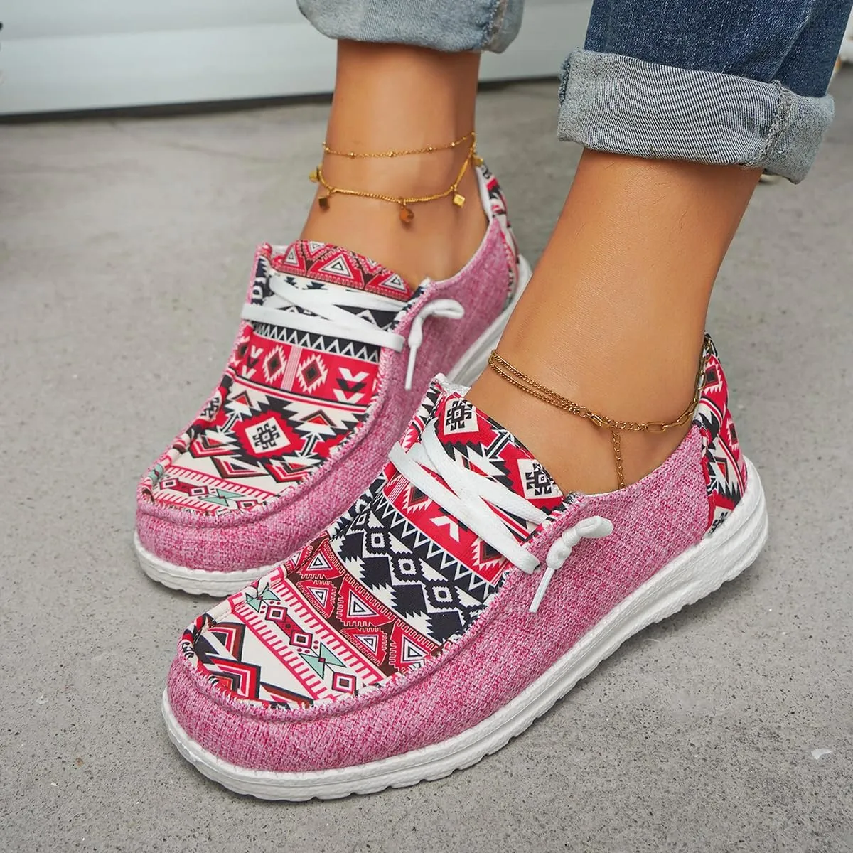 Women's Light Weight Lace Up Aztec Canvas Casual Loafers Ultralight Sole Breathable Wide Boat Shoes Sport Knit Slip On Low Top Outdoor Walking Casual Comfortable Round Toe Loafers, Blue/Brown/Rose