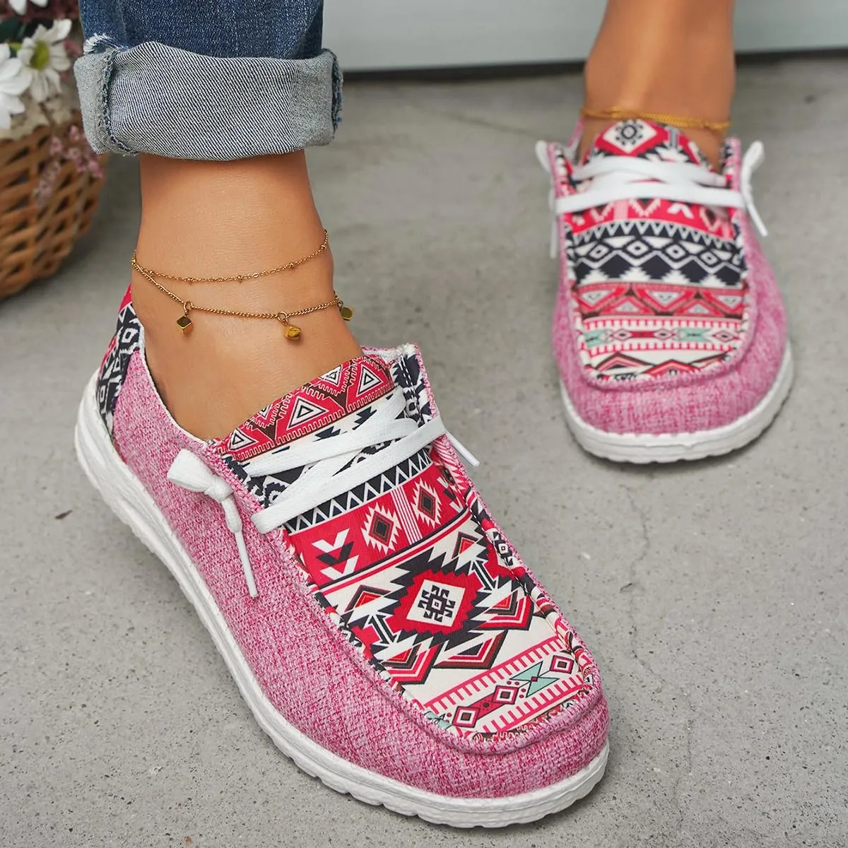 Women's Light Weight Lace Up Aztec Canvas Casual Loafers Ultralight Sole Breathable Wide Boat Shoes Sport Knit Slip On Low Top Outdoor Walking Casual Comfortable Round Toe Loafers, Blue/Brown/Rose
