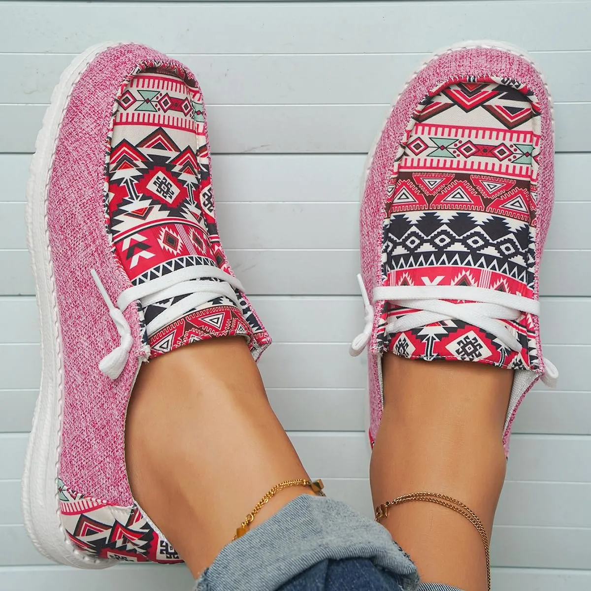 Women's Light Weight Lace Up Aztec Canvas Casual Loafers Ultralight Sole Breathable Wide Boat Shoes Sport Knit Slip On Low Top Outdoor Walking Casual Comfortable Round Toe Loafers, Blue/Brown/Rose