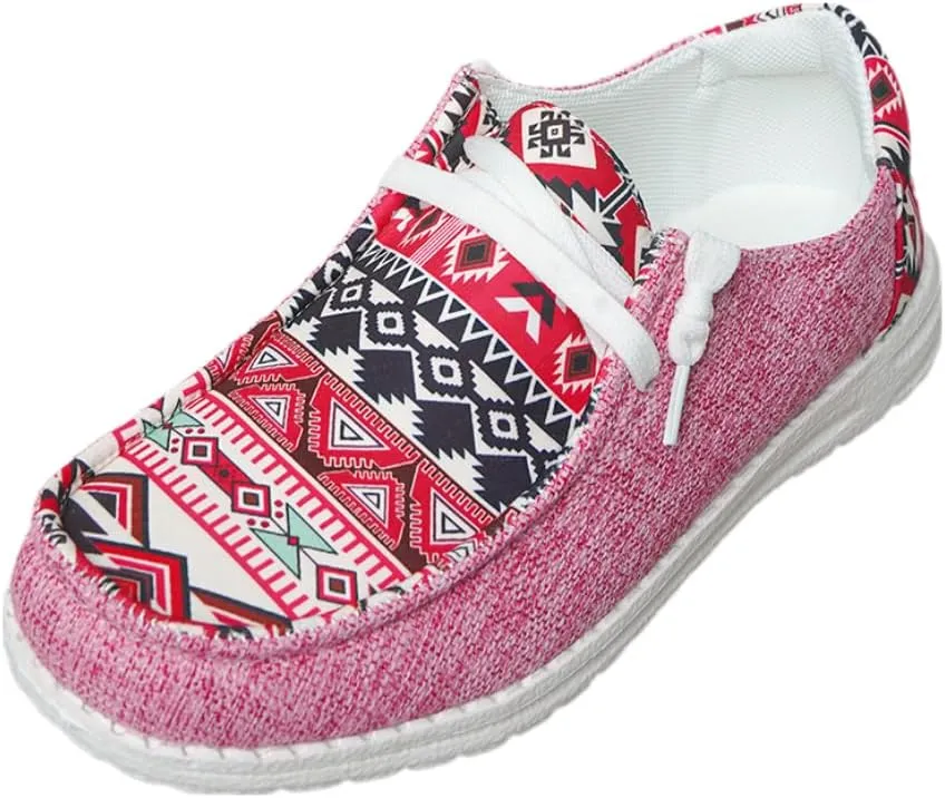 Women's Light Weight Lace Up Aztec Canvas Casual Loafers Ultralight Sole Breathable Wide Boat Shoes Sport Knit Slip On Low Top Outdoor Walking Casual Comfortable Round Toe Loafers, Blue/Brown/Rose